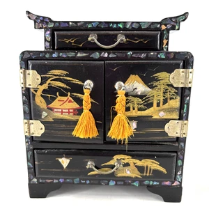 Antike japanische Schmuckschatulle Schwarz Lack mit Gold Opal 5 Schubladen Truhe LESEN* - Bild 1 von 17