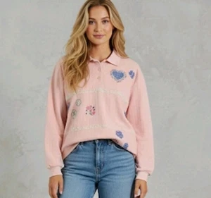 Vintage 80er Cottagecore rosa Blumen Shirt XL bestickt lang Slv Oma - Bild 1 von 14