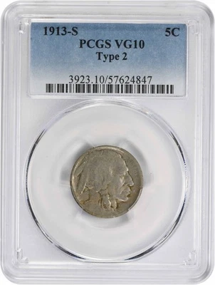 1913-S Buffalo Nickel Type 2 VG10 PCGS - Image 1 of 2