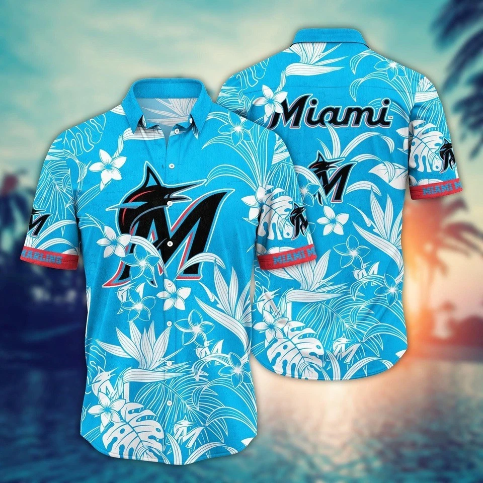 Miami Baseball Team Marlinss Hawaiian Shirt Button Down Unisex Adults S-5XL - Image 1 of 2