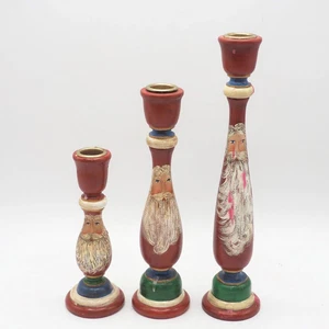 Set of 3 Christmas Tapered Candle Holder Handpainted Wood Santa Claus - Bild 1 von 4