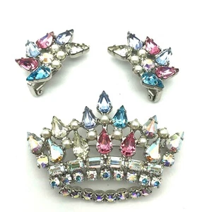 Set orecchini spilla corona B David cristalli pastello strass perle finte vintage - Foto 1 di 12