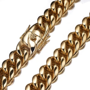 22mm Solid Miami Stainless Steel Cuban Chain Necklace Bracelet 18K Gold Plated - Picture 1 of 22