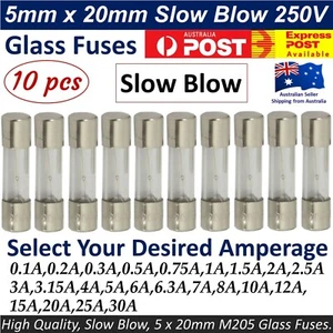 10Pcs M205 Glass Fuse 5mm x 20mm Slow Blow 250V / Select From 0.5A to 20A amp AU - Picture 1 of 18