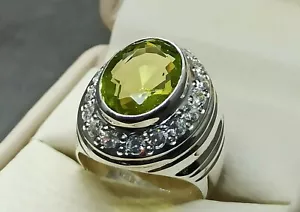 Big Pale Green Peridot Mens Ring Sterling Silver 925 Handmade Green Beryl Ring - Picture 1 of 12