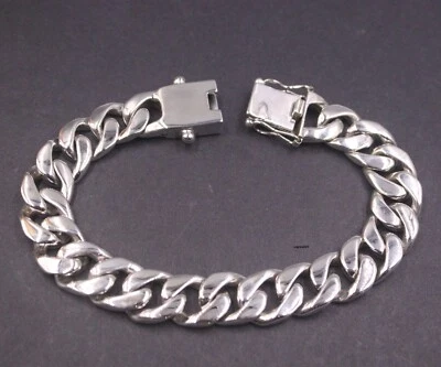 Brazalete de eslabones cubanos brillantes de 12 mm con cadena de plata de ley 925 sólida para hombre 59-60 g Foto 1 de 4