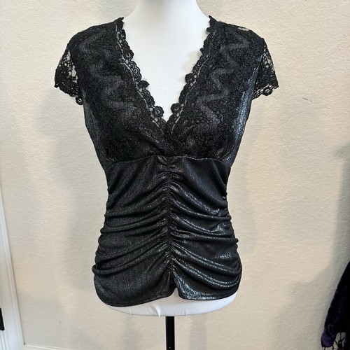 Top vintage Y2K Kay Celine nero argento increspato donna taglia grande pizzo lucido