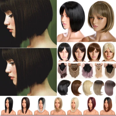 Pelucas bob cortas rectas peluca de cabello natural como humano con flequillo para mujer diario EE. UU. Foto 1 de 4