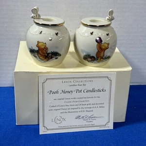 Lenox Winnie the Pooh Honey Pot Candlestick Holders (Pair) 24Kt Gold NIB w COA - Picture 1 of 4