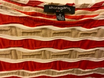 Sharagano 连衣裙 12 码红色棕褐色条纹帽袖职业休闲弹力 GUC — 第 1/4 张图片