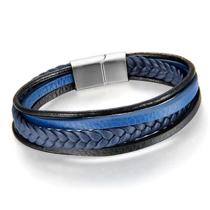 Stainless Steel Multi-layer Men Blue Braided Leather Bangle Bracelet Magnetic - Picture 1 of 6