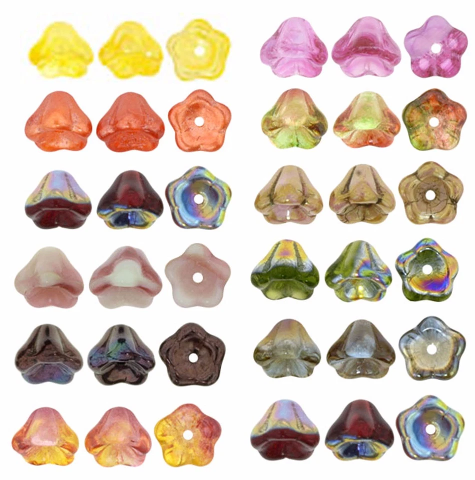 25 cuentas de vidrio checo flor campana 8 mm colores vitrales y brillantes opacos y transparentes Foto 1 de 1