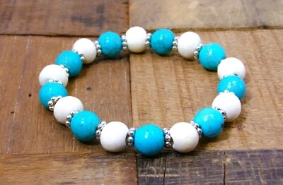 Turquoise stone and white wood beaded stretch bracelet w silver spacer beads New - Image 1 of 4