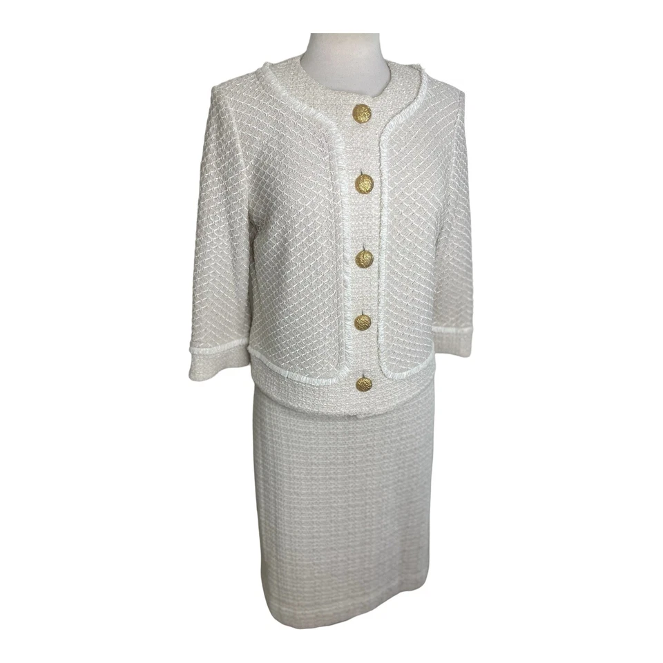 ST. JOHN 2 Pc Set Suit Jacket 3/4 Sleeve White Cream Gold Button Emily Gilmore - Image 1 of 4