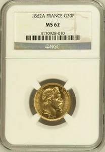 FRANCE , GOLD 20 FRANCS 1862 A - NGC MS 62 , RARE2 - Picture 1 of 2