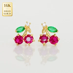 14K REAL Solid Gold Tiny Red Cherry Stud Earrings Marquise CZ Earrings Minimal - Picture 1 of 8