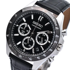 Reloj cronógrafo para hombre Seiko Spirit esfera negra correa de cuero SBTR021 - Imagen 1 de 9