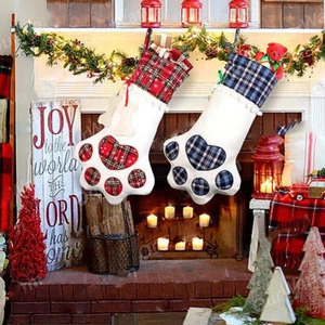 Christmas Gift Bags Pet Dog Cat Paw Stocking Socks Plaid Xmas Tree Ornaments UK - Picture 1 of 5