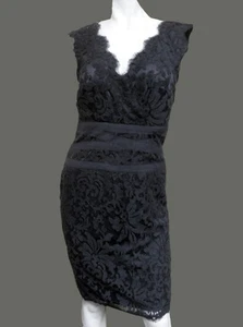 NWT TADASHI SHOJI Embroidered Lace SEXY V-Neck w/Ribbon BLACK tank DRESS size- 6 - Picture 1 of 4