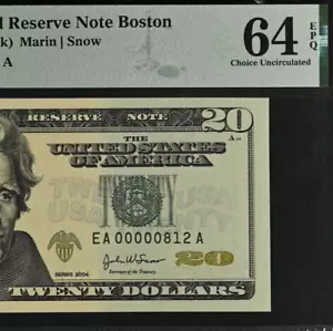 2004 $20 Boston FRN PMG 64EPQ birthday three digit low serial number 00000812 - Picture 1 of 3