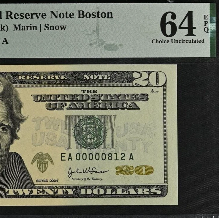 2004 $20 Boston FRN PMG 64EPQ birthday three digit low serial number 00000812 - Image 1 of 3