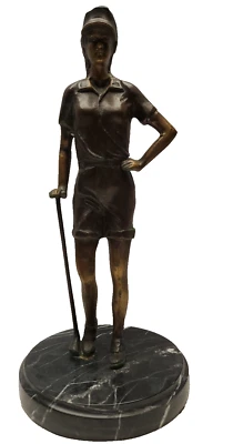 Estatua de golfista femenina estatuilla bronce escultura arte mármol base vintage Foto 1 de 4
