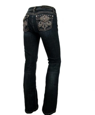 LA Idol Women Bootcut Jeans Crystal Fleur Flap Pocket Stretch Dark Blue Size 15 - Image 1 of 4