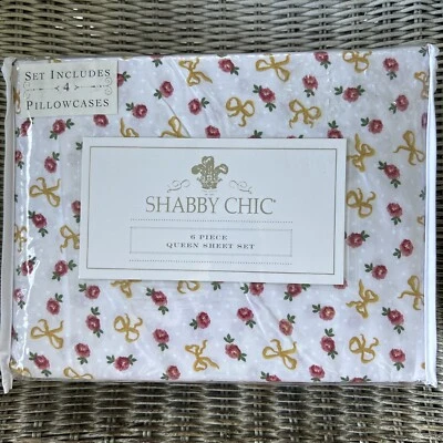 Shabby Chic by Rachel Ashwell 6pc Set Pink Roses Gold Bows Queen Sheets - Image 1 of 4