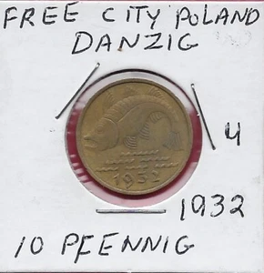 DANZIG FREIE STADT (POLEN) 10 PFENNIG 1932 AU CODFISH (GODUS MOMHUA) LINKS, DATUM BE - Bild 1 von 2