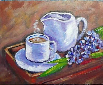 "Morning Serenity Painting 9x12 – Coffee Still Life Art, Cosy Kitchen Décor, - image 1 of 4