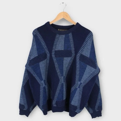 Vintage PDX by Jantzen Sweater XL Blue Geometric 90s Coogi Style Knit Pullover - Image 1 of 4