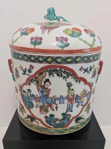Barattolo Medicina Cinese Tardo Qing Ceramica Famiglia Verte con Manico Foo Leone 9 1/2 x 7 - Foto 1 di 5