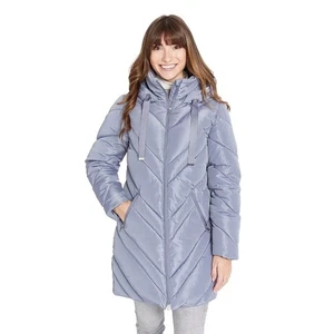 Nine West Women's Hooded Puffer Coat Chevron Blue XL NWT $180 Thigh Length  - Picture 1 of 9
