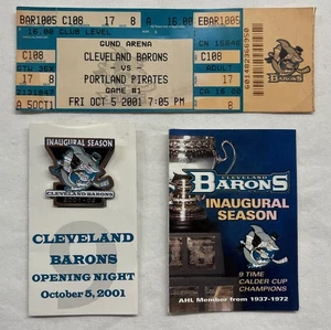 2001 Opening Night CLEVELAND BARONS Souvenir Ticket Stub & Pin San Jose Sharks - Bild 1 von 4