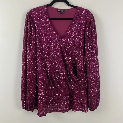 Susan Graver Occasions Sequin Faux Wrap Blouse Size 2X Pink V Neck A672467 - Image 1 of 4