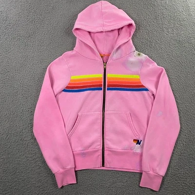 Moletom com capuz Aviator Nation feminino XS 5 listras arco-íris zíper completo lã rosa - Imagem 1 de 4