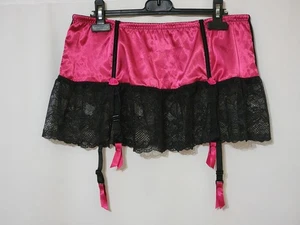 CACIQUE INTIMATES SIZE 14/16 GARTER BELT SKIRT HOT PINK & BLACK SHINY SEXY EUC - Picture 1 of 6