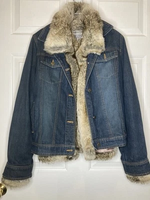 MARVIN RICHARDS FUAX FUR LINED DENIM JACKET LARGE BUTTON DOWN COAT WOMENS - Image 1 of 4