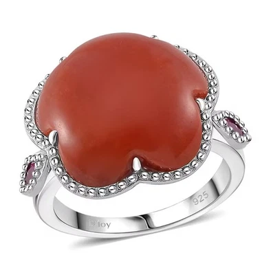 Red Jade & Niassa Ruby 16.40ctw Cherry Blossom Ring Sz7 Rhodium On Silver  - Image 1 of 4