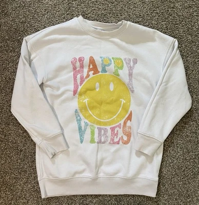 Art Class Girls White Sweatshirt Happy Vibes Smiley Face Size L 10/12 - Изображение 1 из 4