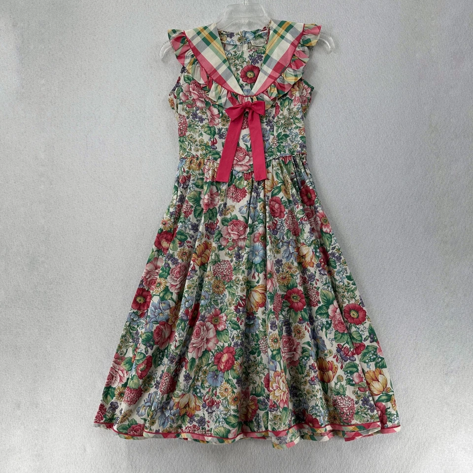 Vintage 50s Cotton Bib Dress Womens SMALL / Kids 14  Floral Pinup Cottage - Image 1 of 4