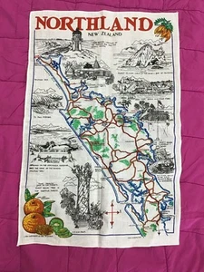 VINTAGE Souvenir Tea Towel - Northland NZ - Pictorial Map - Derek 1984 - Picture 1 of 4