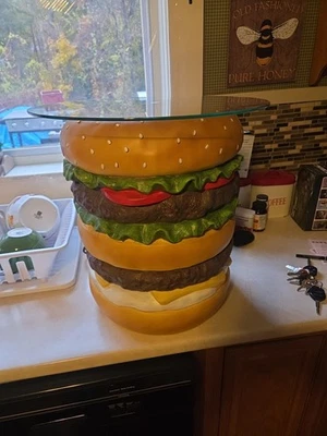 Rare Vinyl Cheeseburger Side Table VIRAL 19" Tall Glass Top 18 5/8" Diameter  - Image 1 of 4