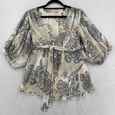 Manga balão feminina fosca amarrar frente top marfim preto floral gola V tamanho grande - Imagem 1 de 4