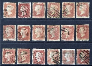GB QV 1856 1d. Red "Stars" Group of 18 Perforated Wmk Large Crown SG 36 to 42 FU - Picture 1 of 2