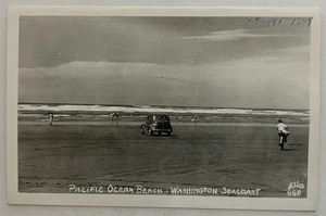 1934 RPPC Postcard Pacific Ocean Beach Washington Seacoast Old Car Sedan - Picture 1 of 2