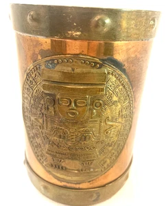 VINTAGE BRASS COPPER MUG WITH MAYAN CALENDAR AZTEC MEXICAN CUP W/ HANDLE - Bild 1 von 6