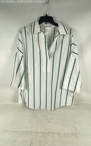 Akris Punto White & Green Stripe Cotton Poplin Classic Resort Tunic Blouse Sz14 - Picture 1 of 4