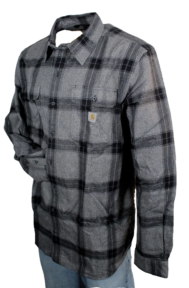 CARHARTT Size Large Tall Charcoal/Gray Loose Fit Heavy Flannel Men Plaid Shirt