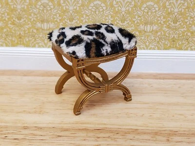 Taburete tocador para casa de muñecas JBM banco madera asiento estampado animal muebles escala 1:12 Foto 1 de 4